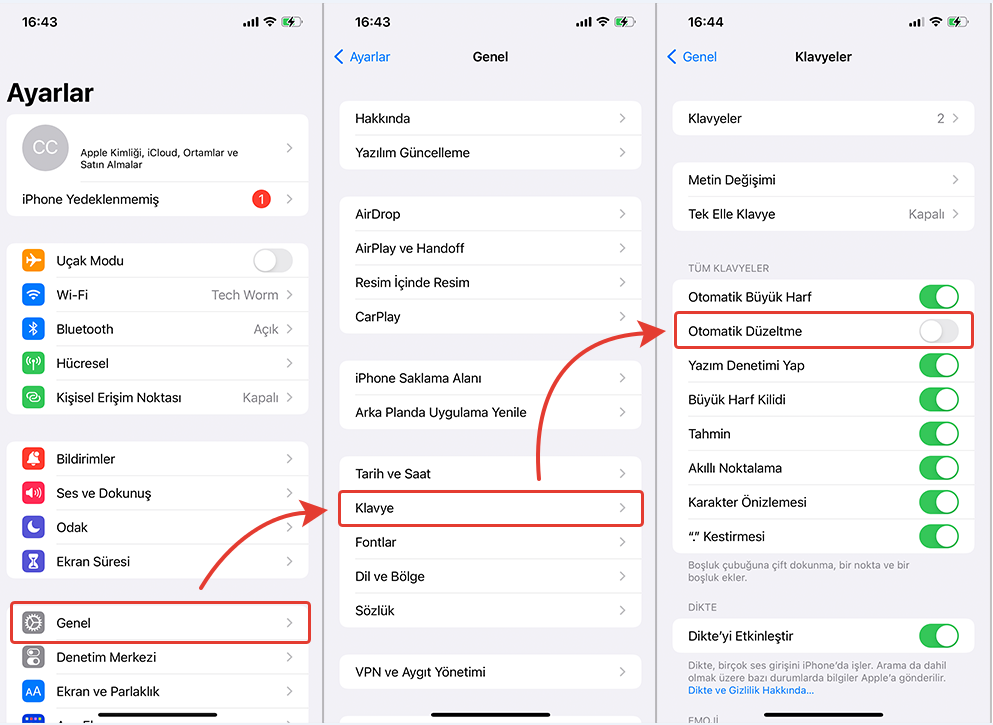 iphone klavye otomatik duzeltme kapatma